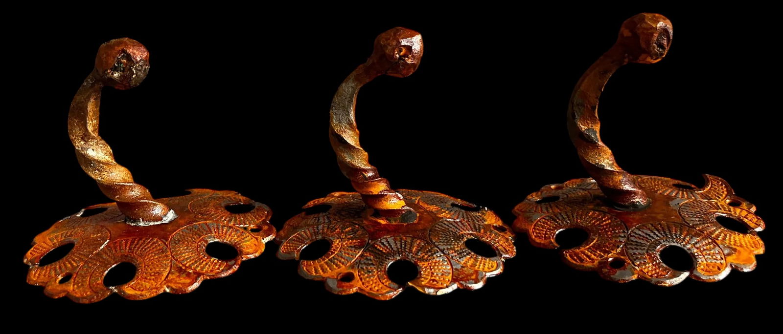 Set of Antique Iron Hooks With Ornate Backplates and Aged Patina - Three - 4
