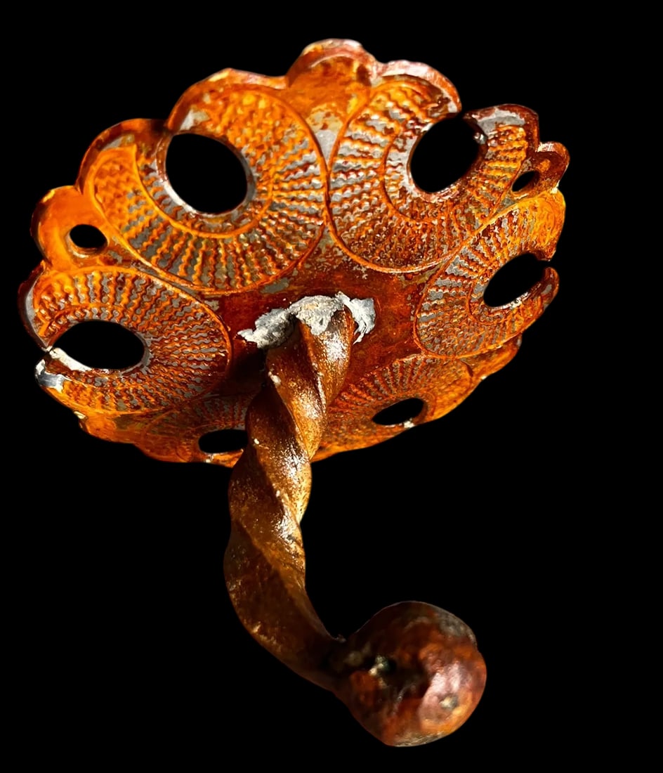 Set of Antique Iron Hooks With Ornate Backplates and Aged Patina - Three - 9