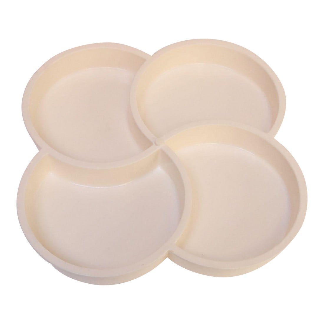 Danish Modern Beige Pinwheel Divided Snack Tray or Serving Platter by Gunnar Cyren for Dansk: Beige plastic pinwheel-form divided snack/serving tray designed by Gunnar Cyren for Dansk Designs (ca. 1970s, Denmark). Composed of four half-moon sections, ideal for serving crudités or hors