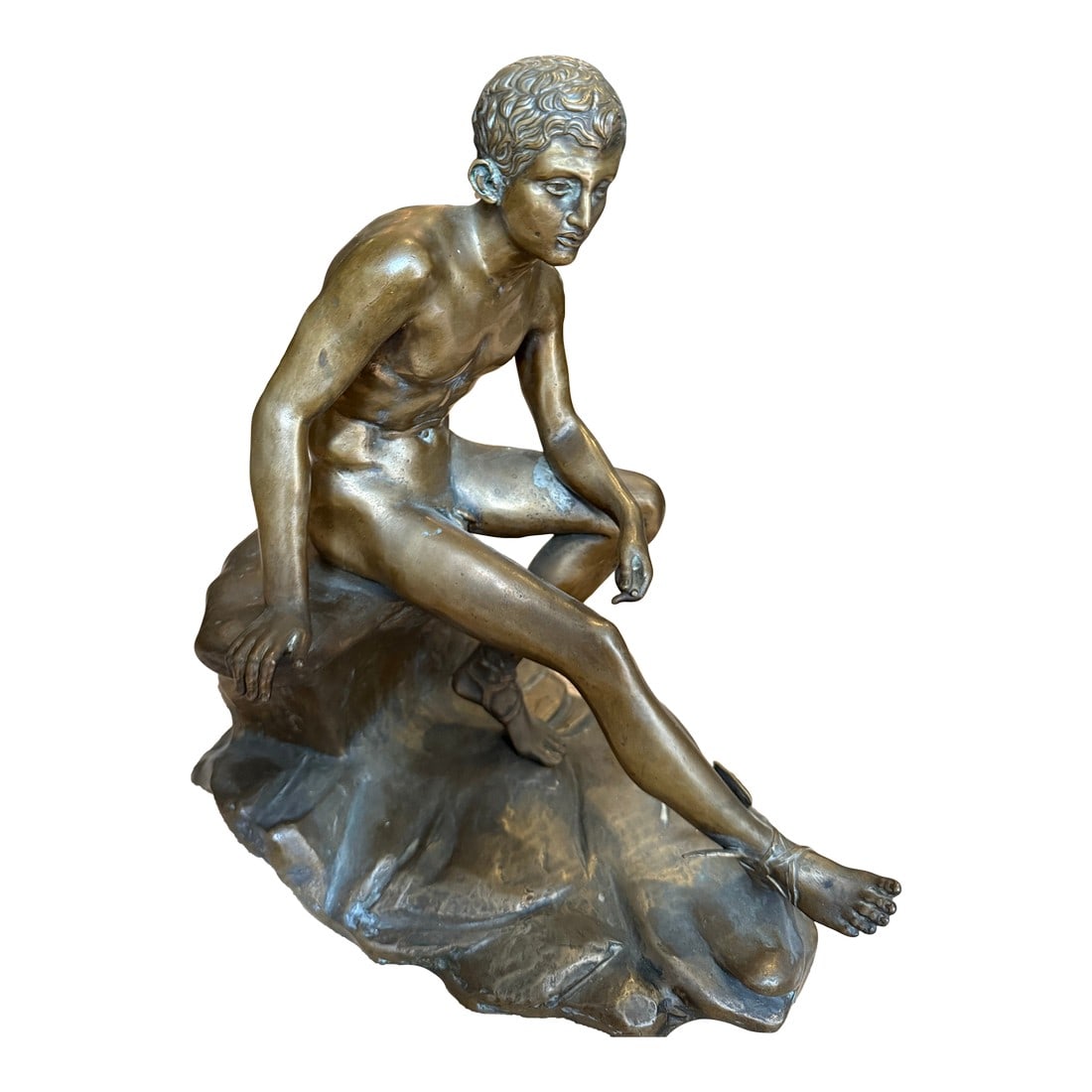 Bronze Sculpture Titled Seated Hermes or Mercury at Rest After Ferdinand Barbedienne. Not Signed.: The antique seated figure of Hermes, often referred to as Mercury in Roman mythology, attributed to the foundry of Ferdinand Barbedienne, is a beautiful example of 19th-century French bronze casting.
