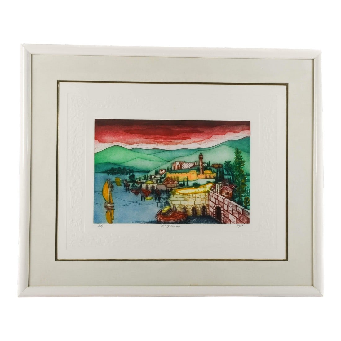 Framed Signed Amram Ebgi "Sea of Galilee" Colored Etching Artist's Proof: This Framed Signed Amram Ebgi "Sea of Galilee" Colored Etching Artist Proof presents a vivid interpretation of the historic landscape, rendered in bold, saturated tones of red, yellow, green, and