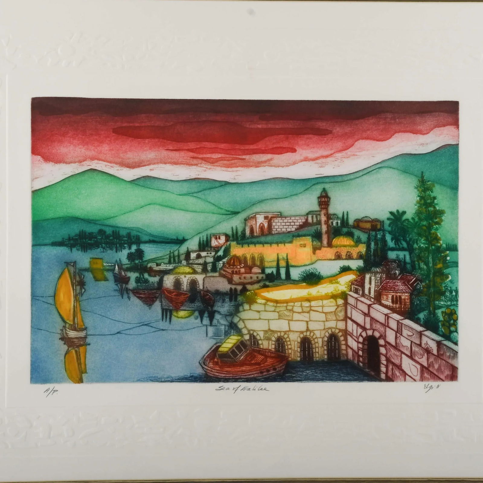 Framed Signed Amram Ebgi "Sea of Galilee" Colored Etching Artist's Proof - 2