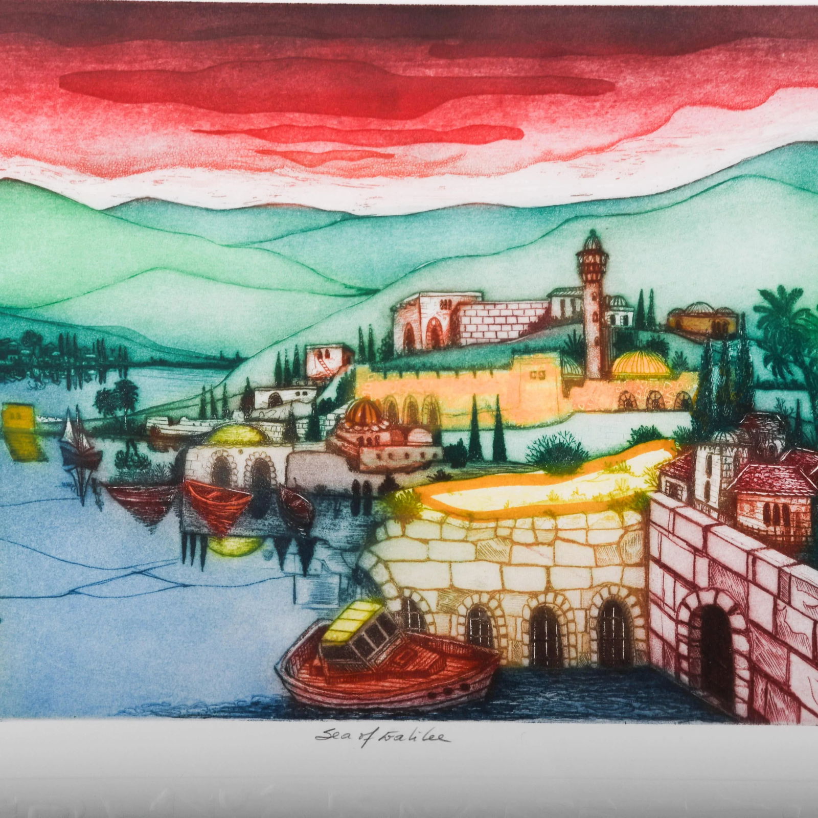 Framed Signed Amram Ebgi "Sea of Galilee" Colored Etching Artist's Proof - 3