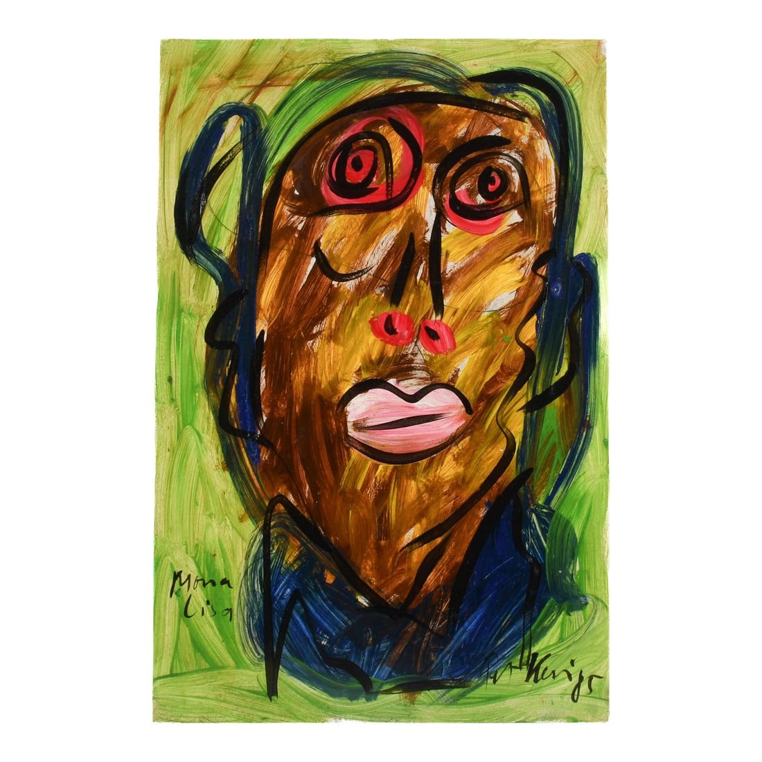 Signed Peter Keil "Mona Lisa" Oil on Masonite: Peter Keil's "Mona Lisa" is no quiet tribute-- it''s a bold, untamed reimagining of one of art history's most iconic faces. In this signed oil on masonite, Keil ditches subtlety for raw expression,
