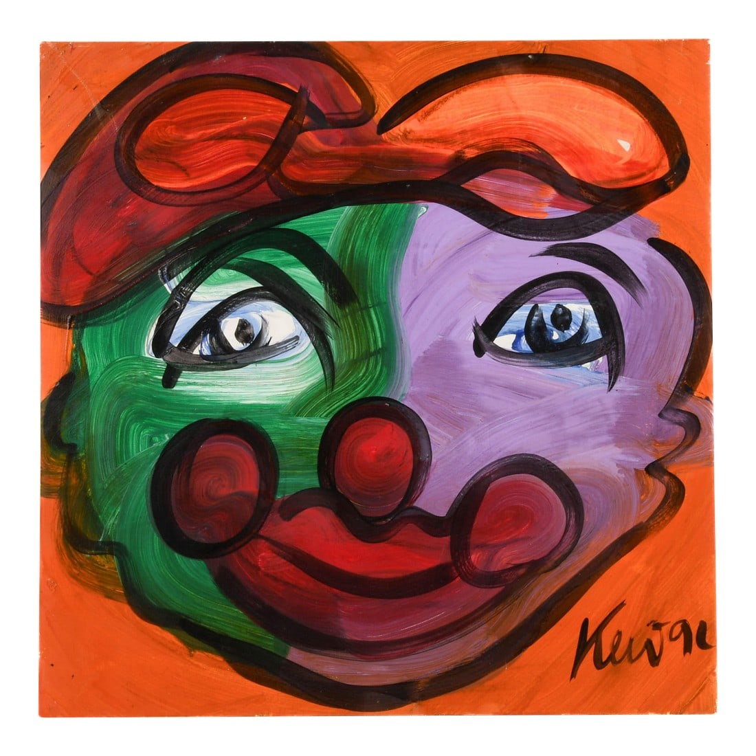 Signed Peter Keil "Carnival Reflections 91" Oil on Masonite: This Signed Peter Keil "Carnival Reflections 91" Oil on Masonite, takes the familiar image of a clown and injects it with emotional charge and visual impact. The face, split between cool lavender and