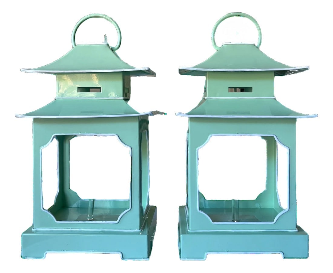 Pair of Mint Green & White Toile Metal Pagoda Lanterns for Chinoserie and Coastal Garden Â: Chic, architectural, and full of Palm Beach charm "” this pair of pagoda-form lanterns brings a fresh pop of color and timeless style to any setting. Finished in glossy mint green enamel with