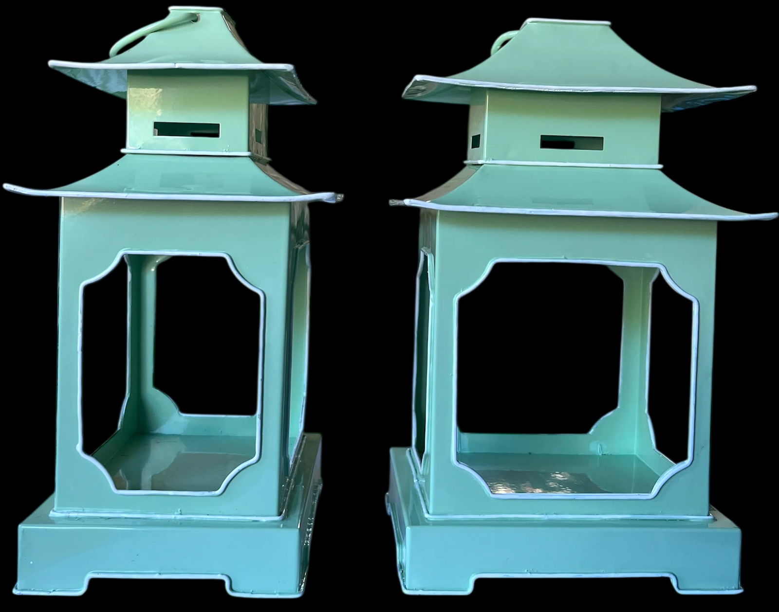 Pair of Mint Green & White Toile Metal Pagoda Lanterns for Chinoserie and Coastal Garden Â - 2