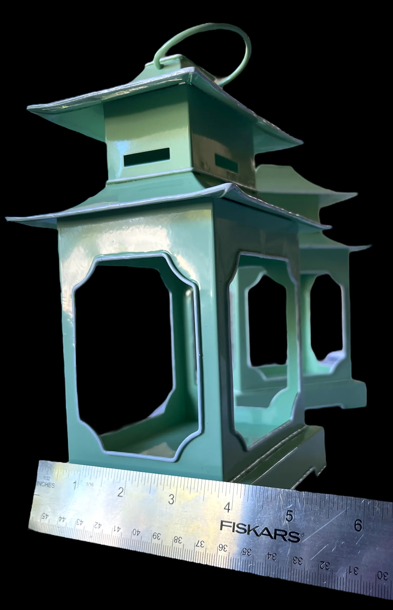 Pair of Mint Green & White Toile Metal Pagoda Lanterns for Chinoserie and Coastal Garden Â - 4