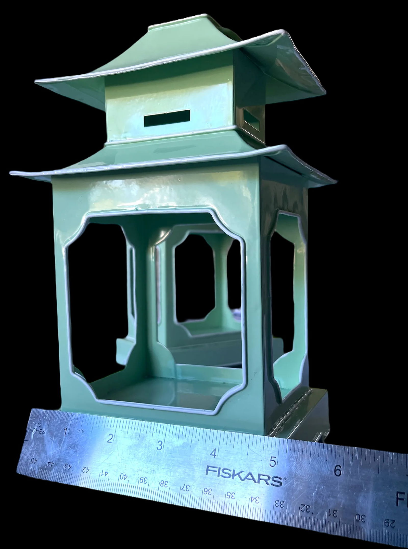 Pair of Mint Green & White Toile Metal Pagoda Lanterns for Chinoserie and Coastal Garden Â - 5