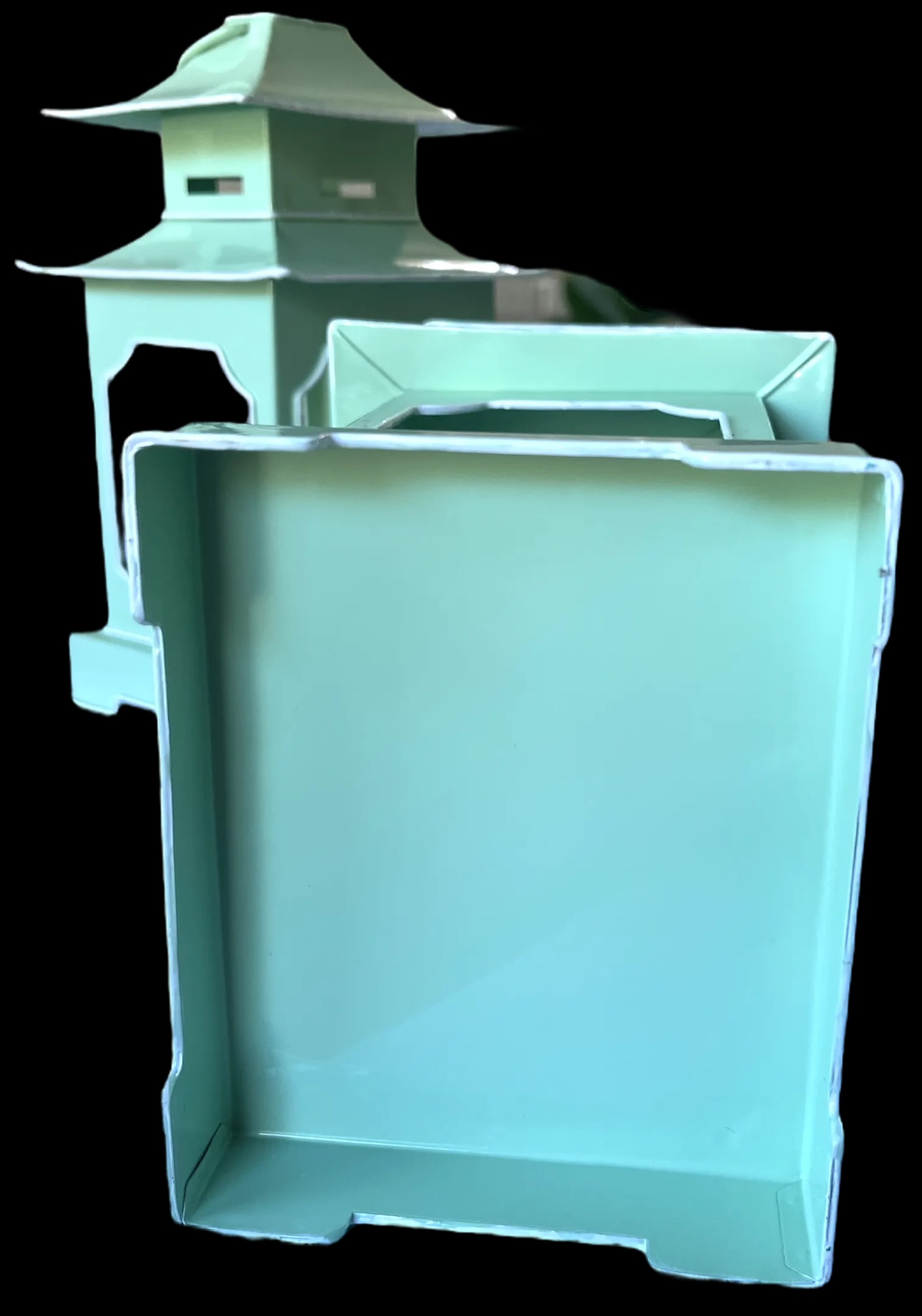 Pair of Mint Green & White Toile Metal Pagoda Lanterns for Chinoserie and Coastal Garden Â - 6