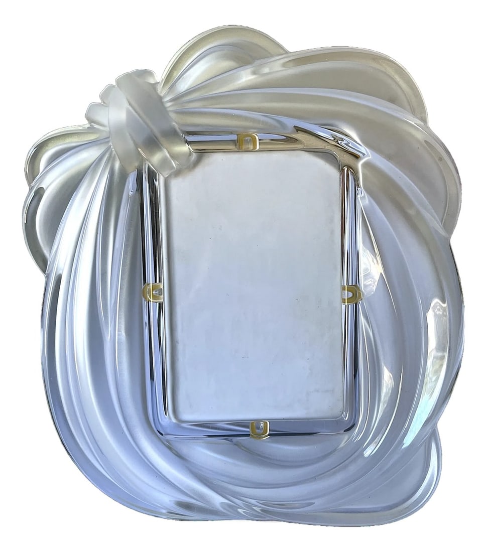 1990s Large Satin-Finish Crystal Bow Picture Frame, Hollywood Regency Style: Elegant, sculptural, and unmistakably glamorous "” this large crystal picture frame features a dramatic bow motif rendered in flowing, faux-fabric folds. Crafted from solid crystal with a