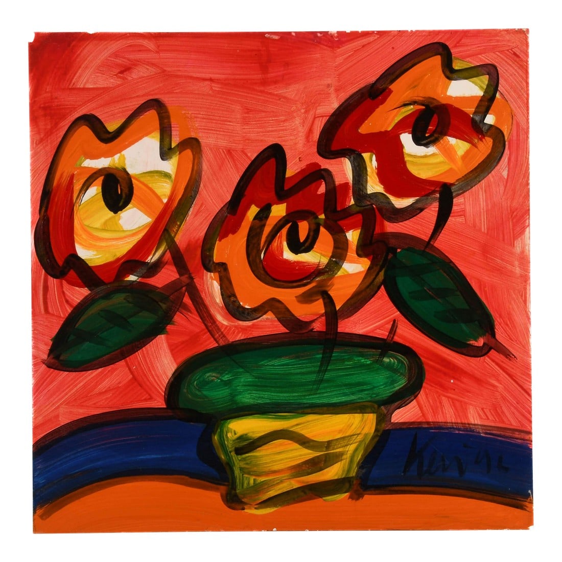 Peter Keil "Colorful Conversation in a Vase" Oil on Masonite: This Peter Keil "Colorful Conversation in a Vase" Oil on Masonite brings explosive vitality to a classic floral still life. With bold, sweeping strokes and vibrant, contrasting hues, he reimagines a
