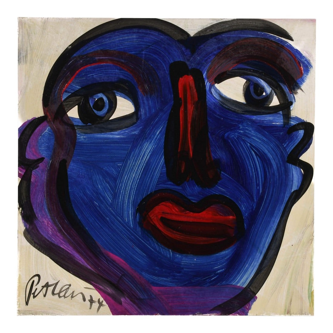 Signed Peter Keil "Face of Midnight 74" Oil on Masonite: In "Face of Midnight 74." Peter Keil transforms a face into a monument of emotion and presence. This signed oil on masonite commands attention with its striking cobalt and violet hues, shaped by