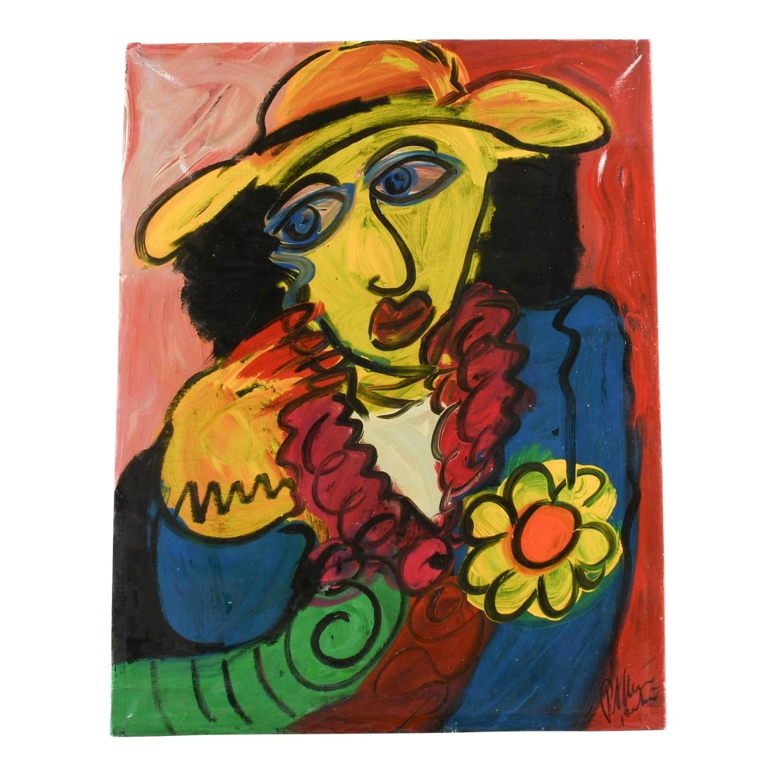 Signed Peter Keil "Expression in Bloom" Oil on Linen: This Signed Peter Keil "Expression in Bloom" Oil on Linen bursts with theatrical energy and bold emotional presence. The figure, rendered in vibrant primaries and outlined in sweeping black strokes,