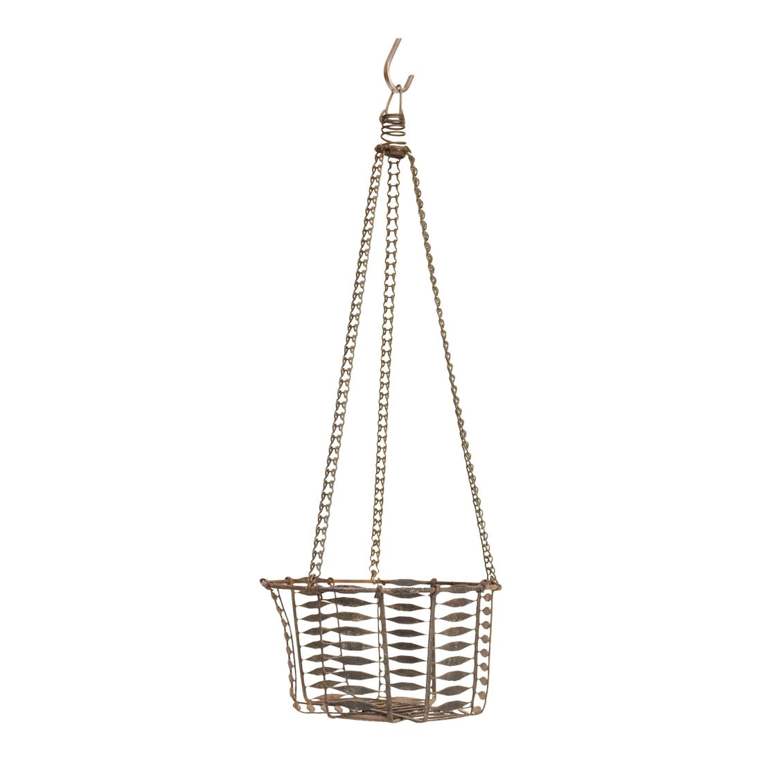 Antique American Primitive Hanging Wire Egg Basket / Planter: Rustic metal wire egg basket with original hook and chain (ca. 19th Century, USA). Though originally used for housing eggs, this hanging basket doubles as a catchall or planter and is suitable for