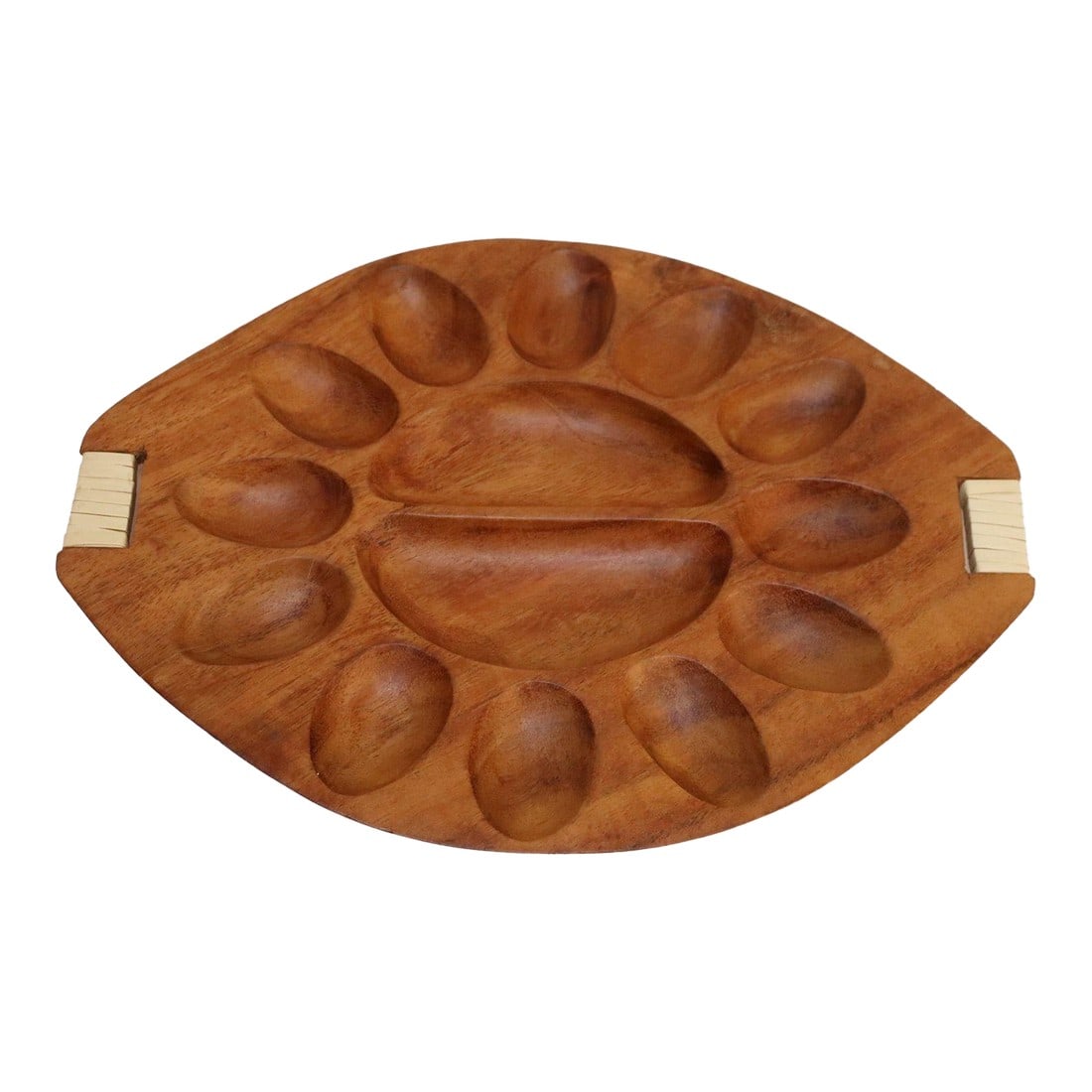 Vintage Taverneau and Rattan Deviled Egg Tray by Arthur Umanoff for Pantalcraft: Mid-Century Modern deviled egg tray (model #531) in taverneau wood with rattan-wrapped handles designed by Arthur Umanoff for Pantalcraft as part of a line of wooden serveware that was carved and