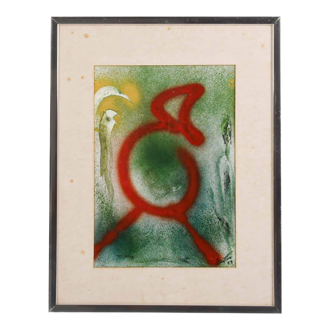 Framed J. Akston "Squiggle II 1973" Enamel on Paper: This Framed J. Akston "Squiggle II 1973" Enamel on Paper features a bold red linear form arcing and looping over a misty green background. The central figure is executed with fluid precision, its