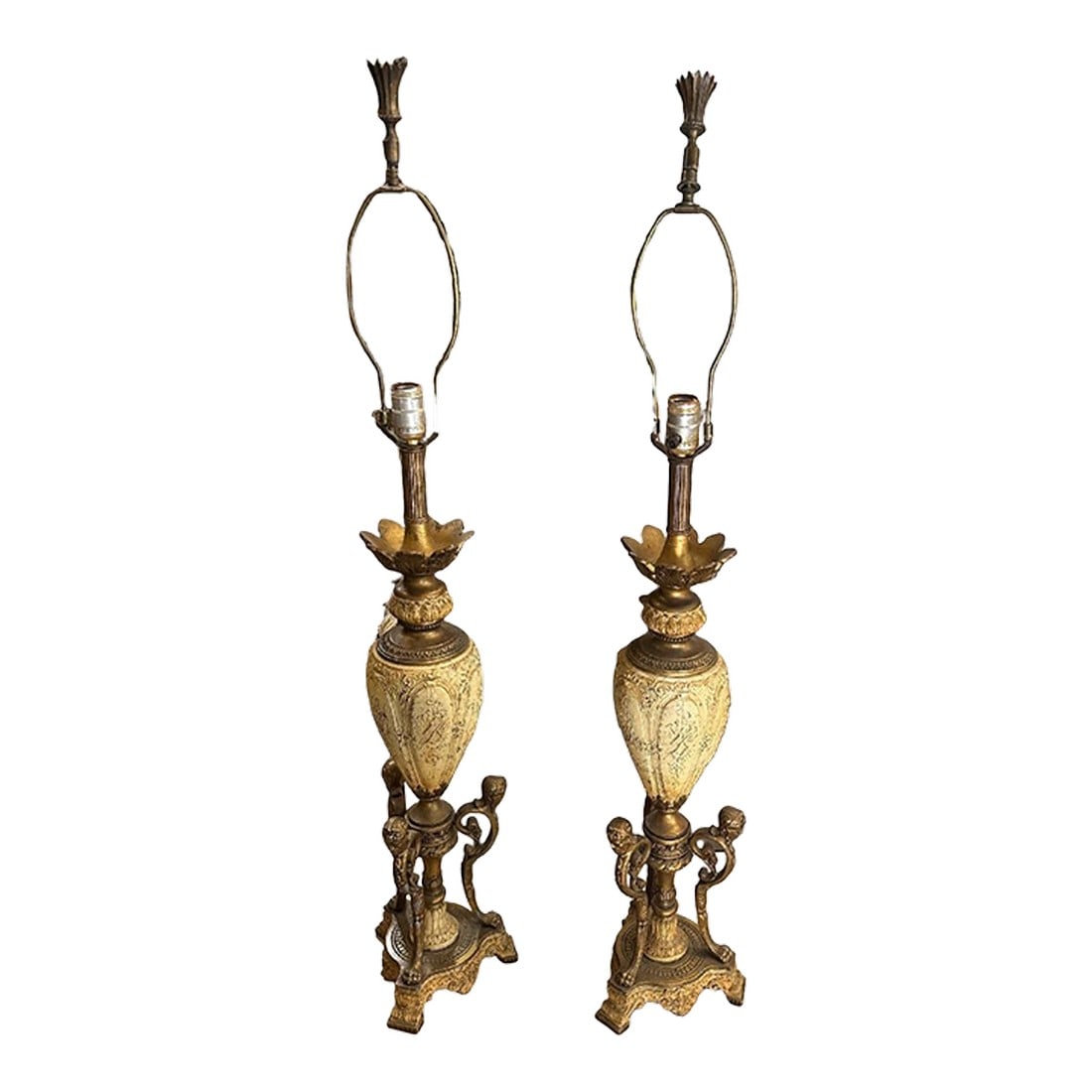 Pair of Mid-Century Modern Brass and Off-White Lamps With Bust Accents (1 of 10)