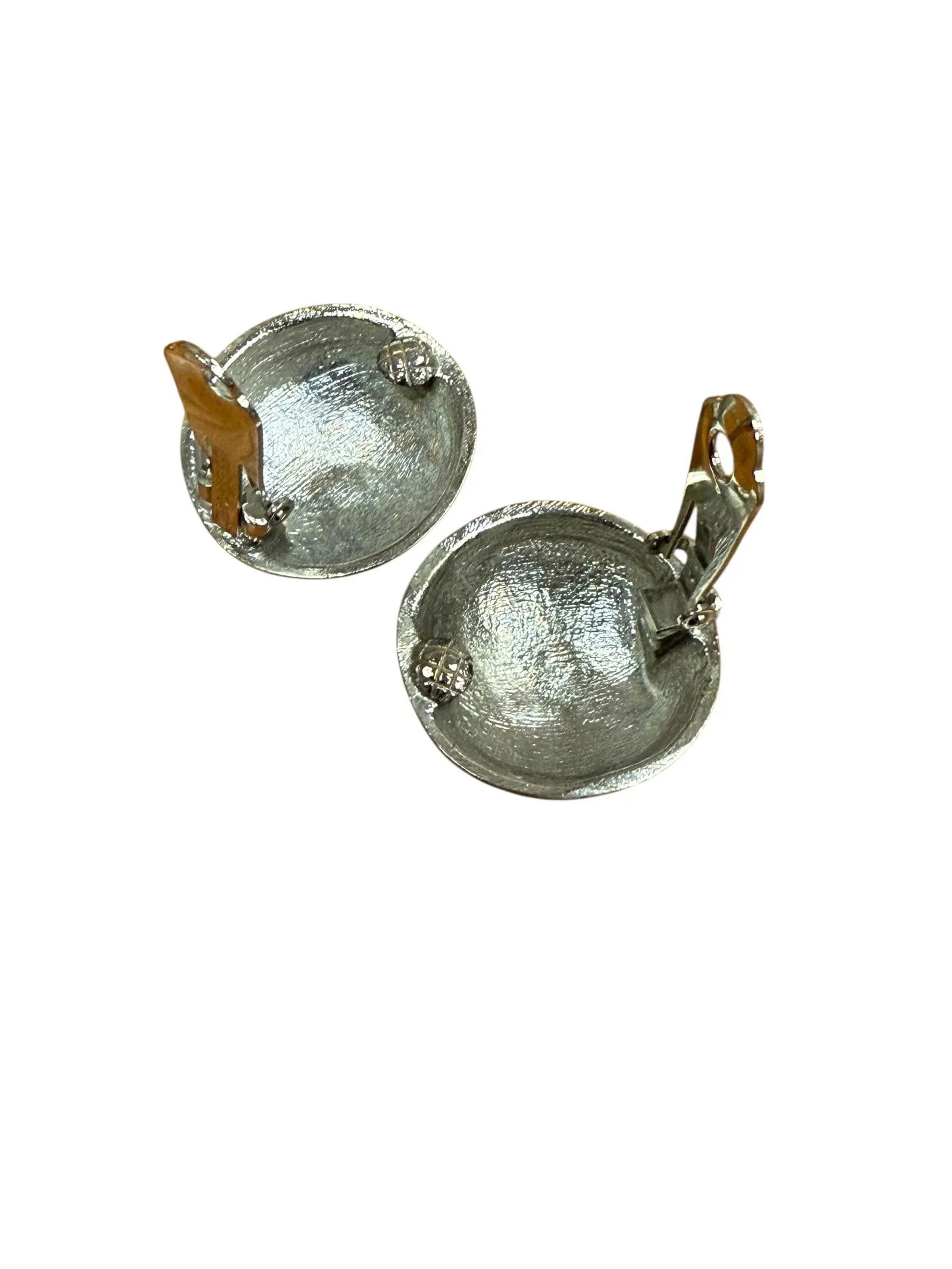 Vintage Les Bernard Large Button Satin Chrome Clip on Earrings, A Pair - 4