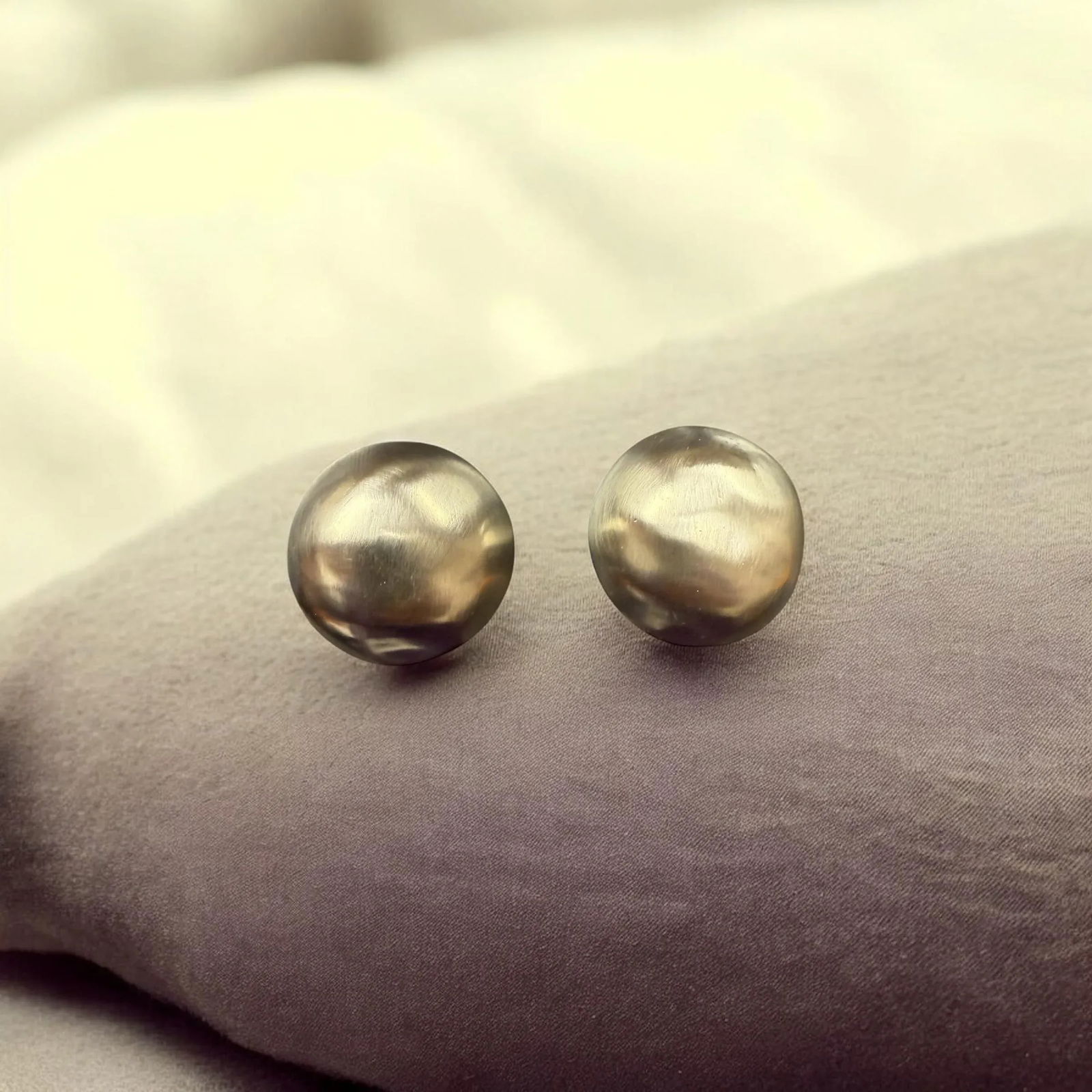 Vintage Les Bernard Large Button Satin Chrome Clip on Earrings, A Pair - 5