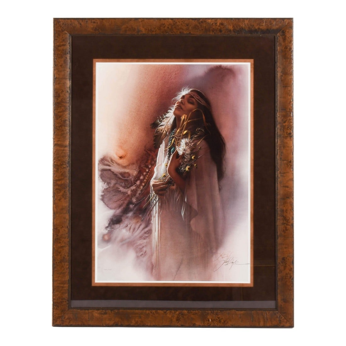 Signed "One With Nature" Limited-Edition 289/999 Lithograph by Lee Bogle: This Framed Signed "One with Nature" Limited-Edition Lithograph by Lee Bogle presents a serene, softly lit portrait of a woman in profile, her eyes closed, and head tilted upward as if immersed in qui