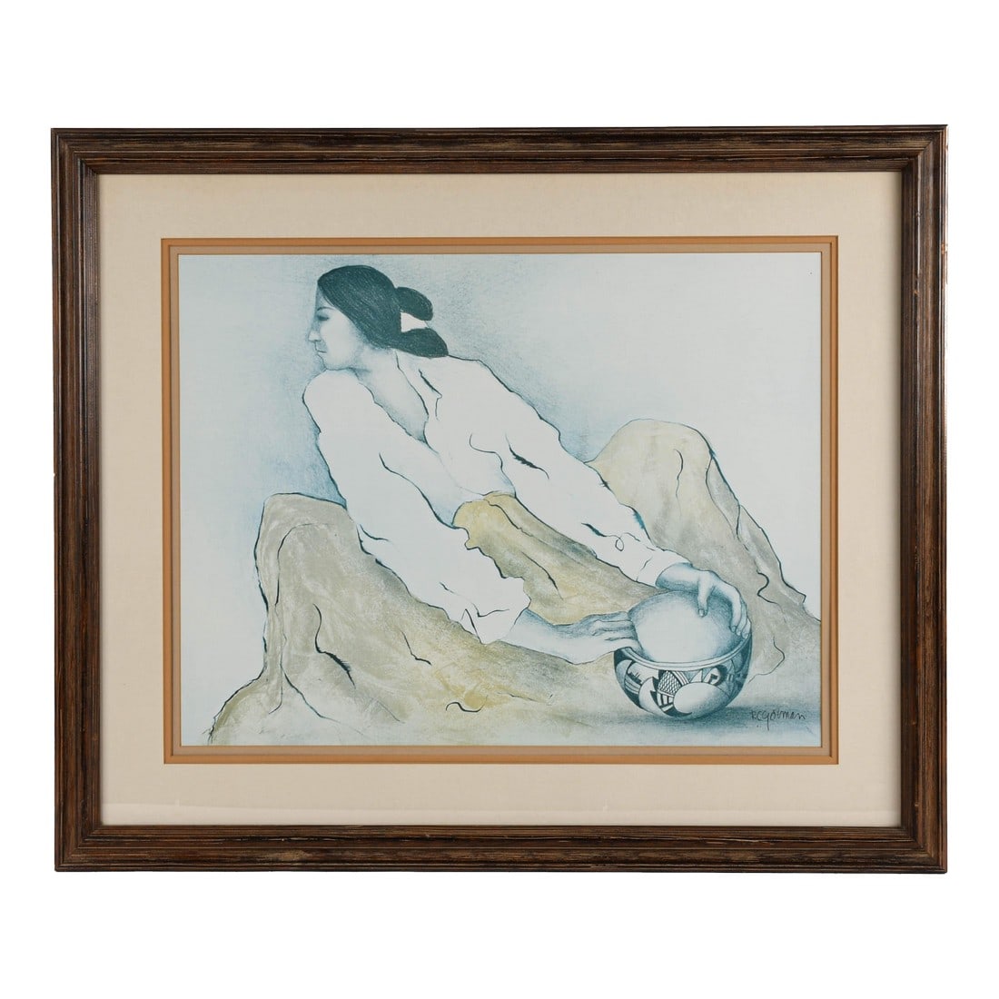 Framed r.c. Gorman "Hands of History" Print: Celebrate the strength and grace of Indigenous femininity with this framed " Hands of History" print by acclaimed Native American artist R.C. Gorman (1931-2005). Known for his flowing lines and soft p