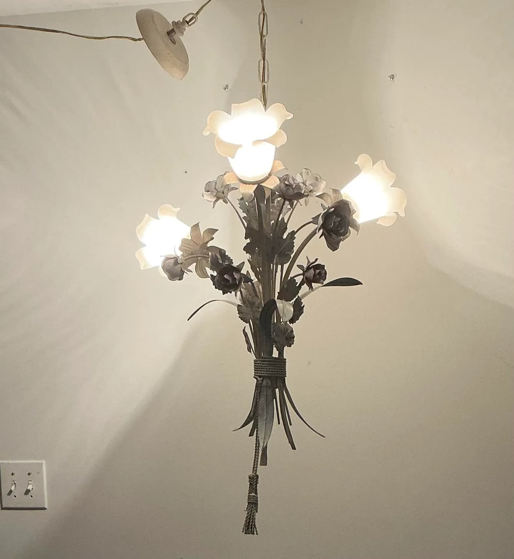 Vintage Italian Toleware Tole Style Floral Rose Chandelier With Glass Shades - 12