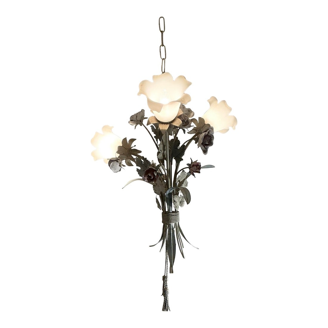 Vintage Italian Toleware Tole Style Floral Rose Chandelier With Glass Shades: Vintage 1960's Italian tole, 3-light floral chandelier with milk glass shades. All original untouched. Comes with 6" ceiling canopy and 25" Long chain. Measures 29" high, not including the chain and
