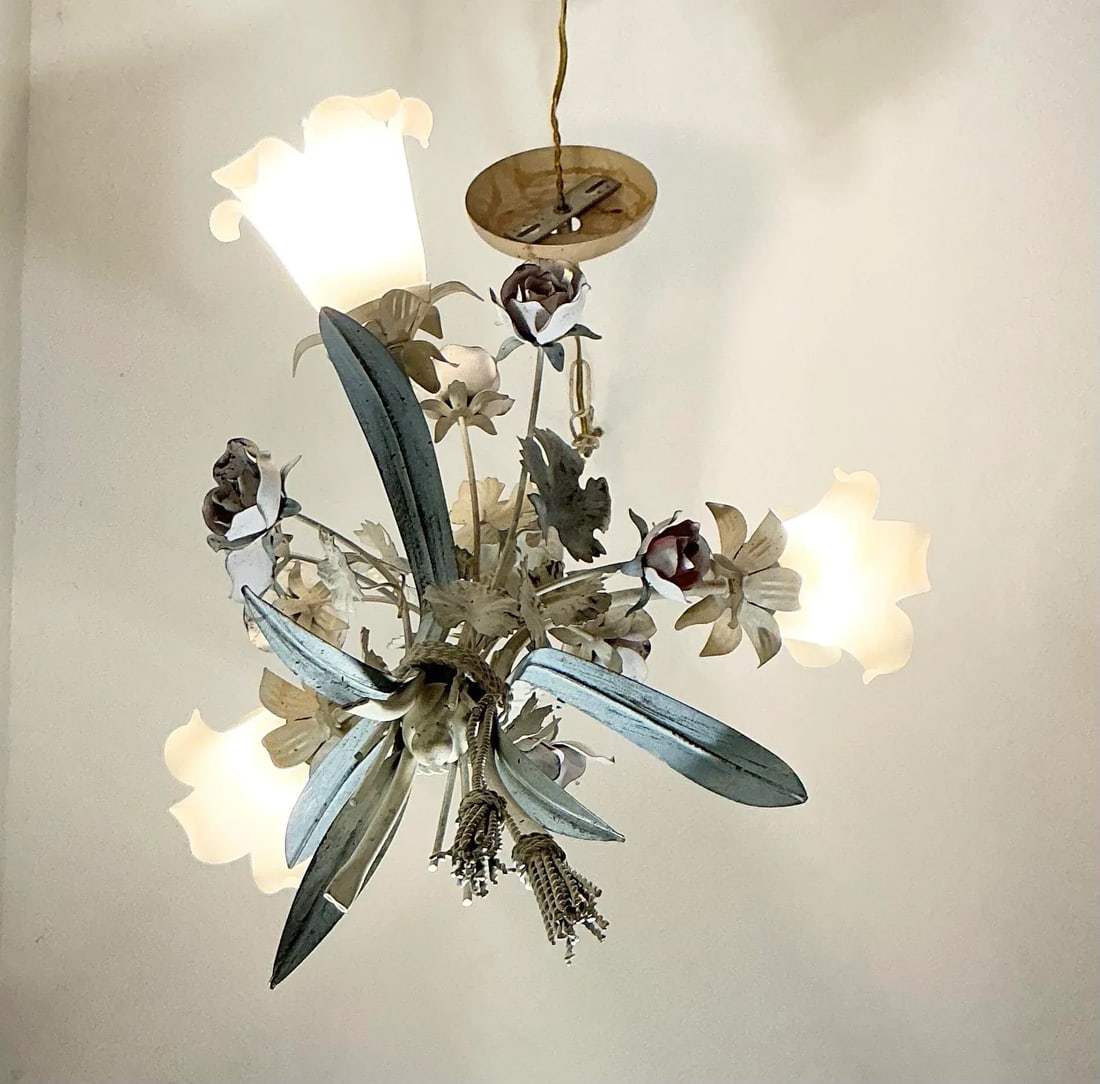 Vintage Italian Toleware Tole Style Floral Rose Chandelier With Glass Shades - 4