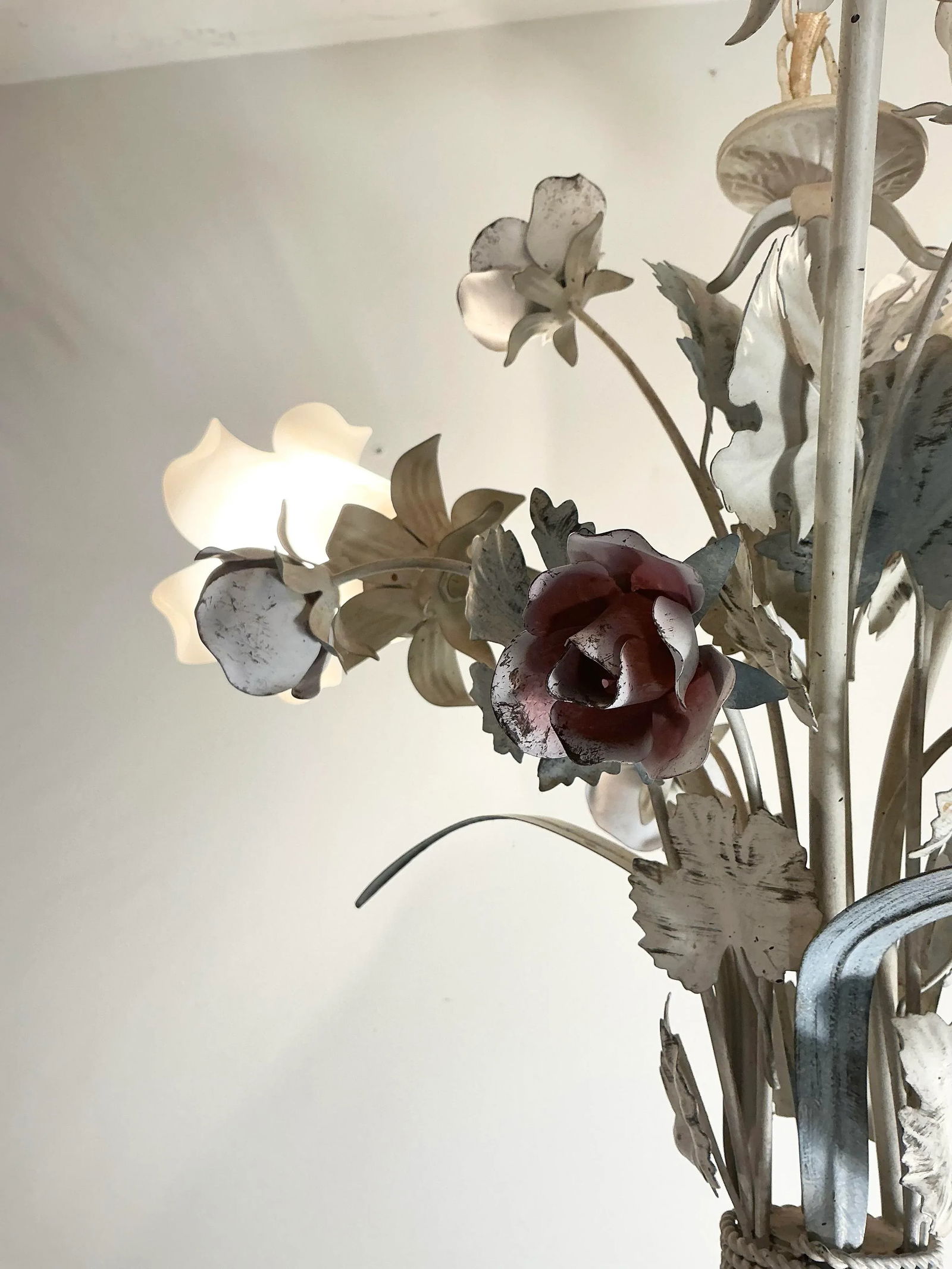 Vintage Italian Toleware Tole Style Floral Rose Chandelier With Glass Shades - 6
