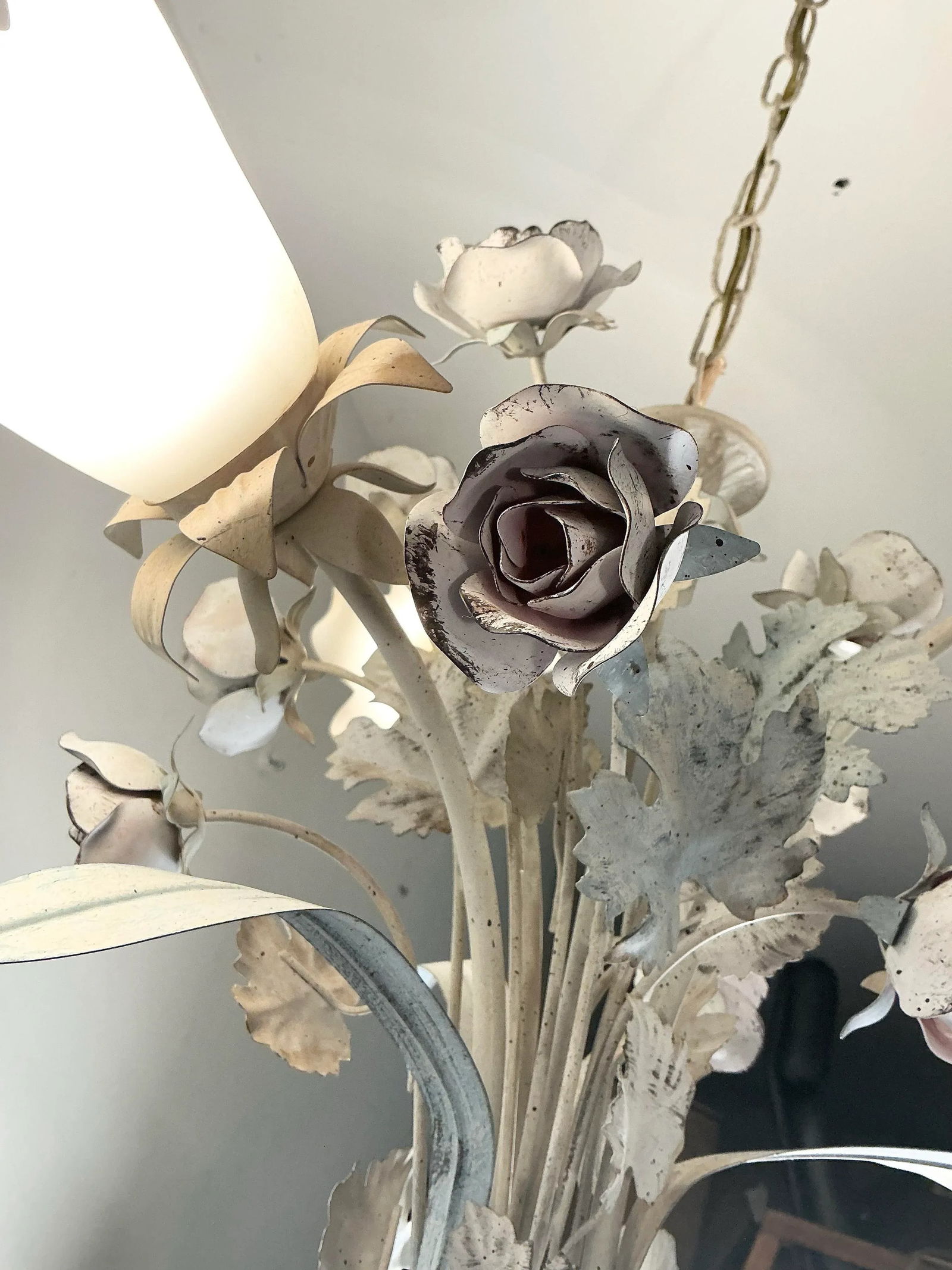 Vintage Italian Toleware Tole Style Floral Rose Chandelier With Glass Shades - 7