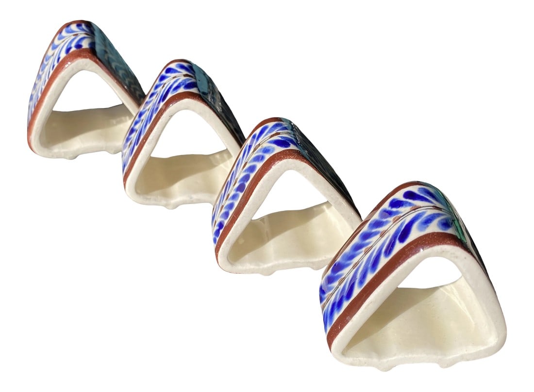 1970s Blue and White Napkin Rings - Set of 4: Set of four napkin rings. Perfect to add character to any tablescape. Condition: Alterations: Original Condition Unaltered Imperfections: Some Imperfections Condition Notes: In beautiful vintage