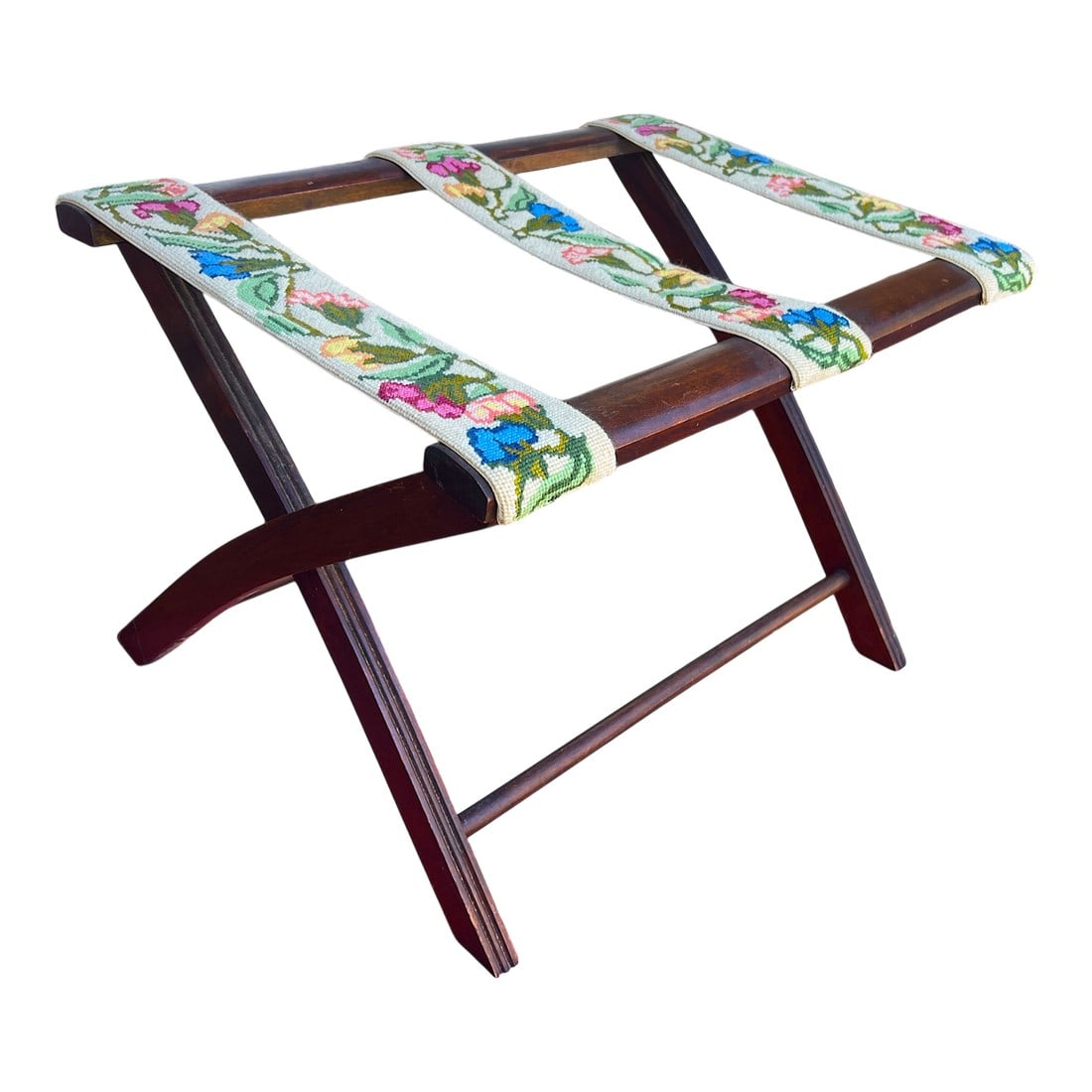 Vintage Folding Luggage Rack With Floral Needlepoint Straps: Charming and practical, this vintage folding luggage rack features solid wood construction and hand-stitched needlepoint straps in a cheerful floral pattern. The frame's warm brown tone pairs