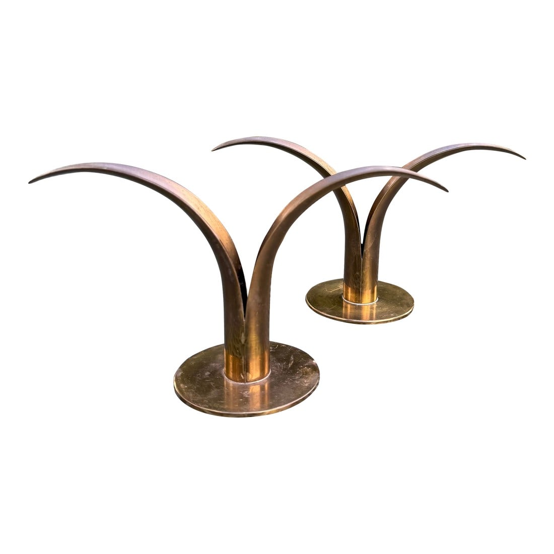 Pair of Ystad Metall Ivar Ã…lenius Björk Swedish Lily Brass Mid-Century Candlesticks: Pair of vintage Ystad-Metall brass lily candlesticks designed by Ivar Ã…lenius Björk and made in Sweden circa 1950s. An iconic and modern design with graceful, sculptural look.