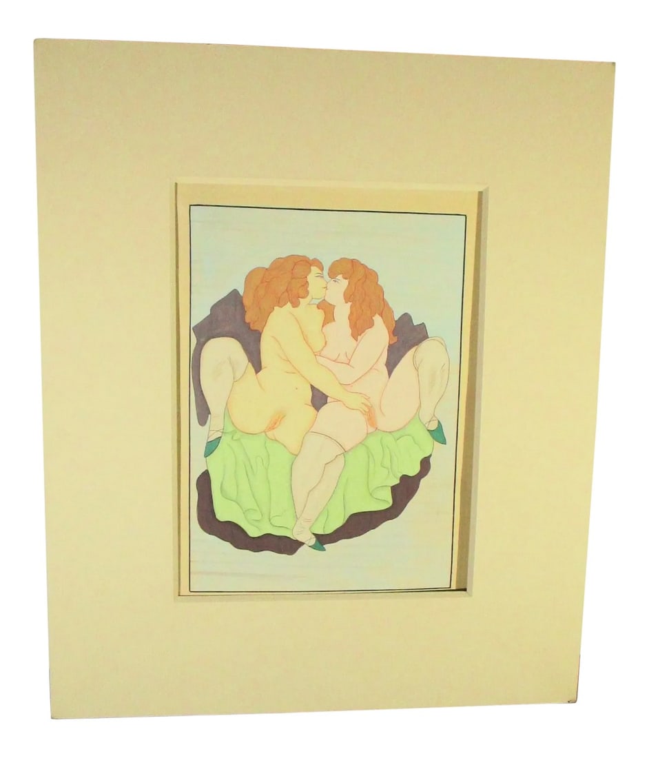 Vintage Gauche on Paper Zodiac Series Gemini: Vintage 70s' artwork Gemini illustration. Gauche on paper in a very stylized and sensitive coloring. The twins in an embrace with a definitively bawdy theme. Vintage 70s' pushing the boundaries.