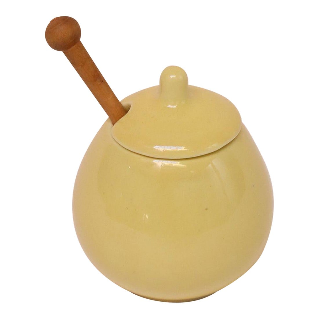 Finnish Modern Yellow Ceramic Mustard Jar / Honey Pot by Kaj Franck for Arabia: Petite pale yellow spice/honey/mustard jar with original wooden spoon designed by Kaj Franck for Arabia as part of the Kilta series produced between 1953-1974 (ca. 1964, Finland). Charming, colorful
