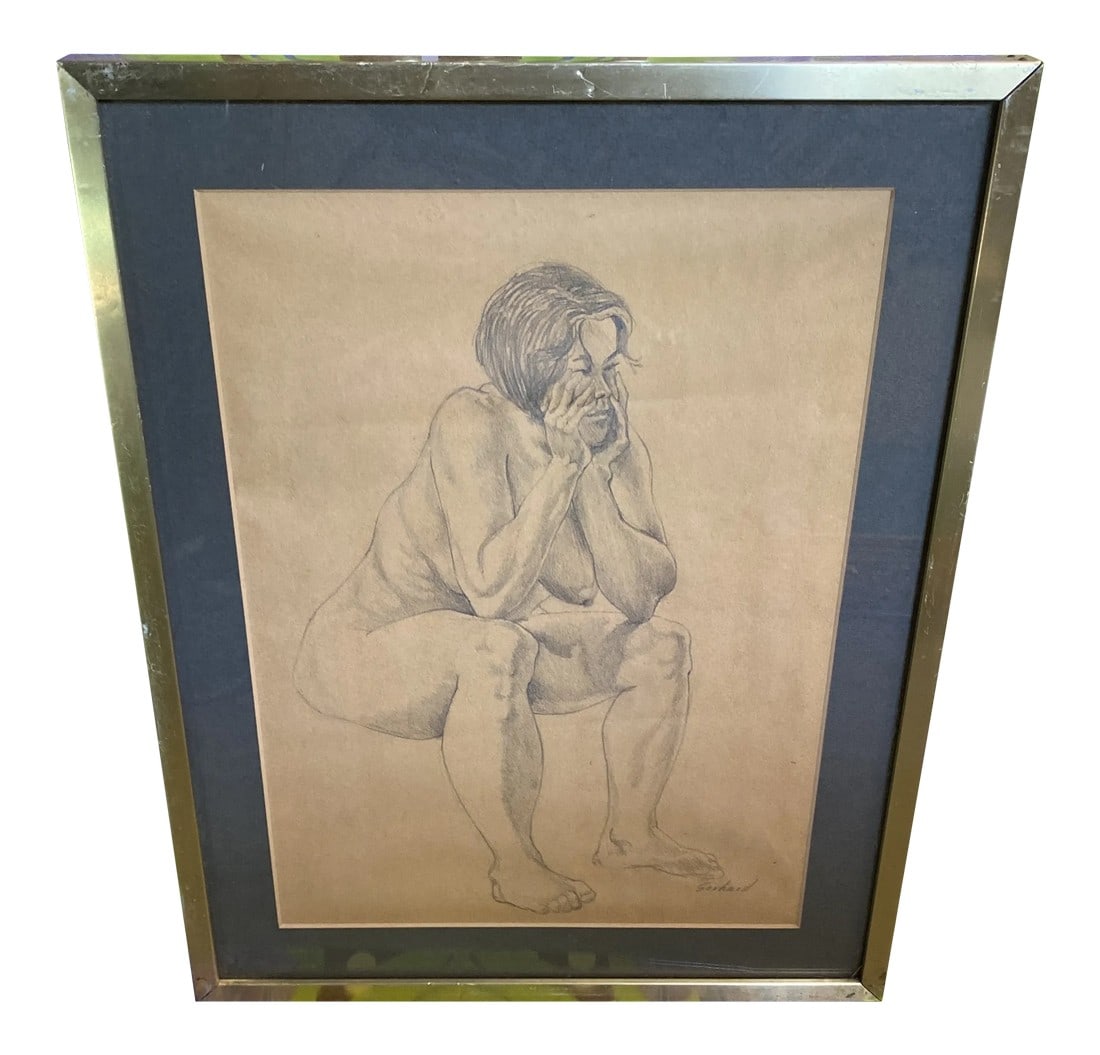 1970s Figurative Nude Pencil Sketch, Framed: Gorgeous brass framed nude with meticulous details. Signed by artist. Condition: Alterations: Original Condition Unaltered Imperfections: Some Imperfections Condition Notes: In good vintage