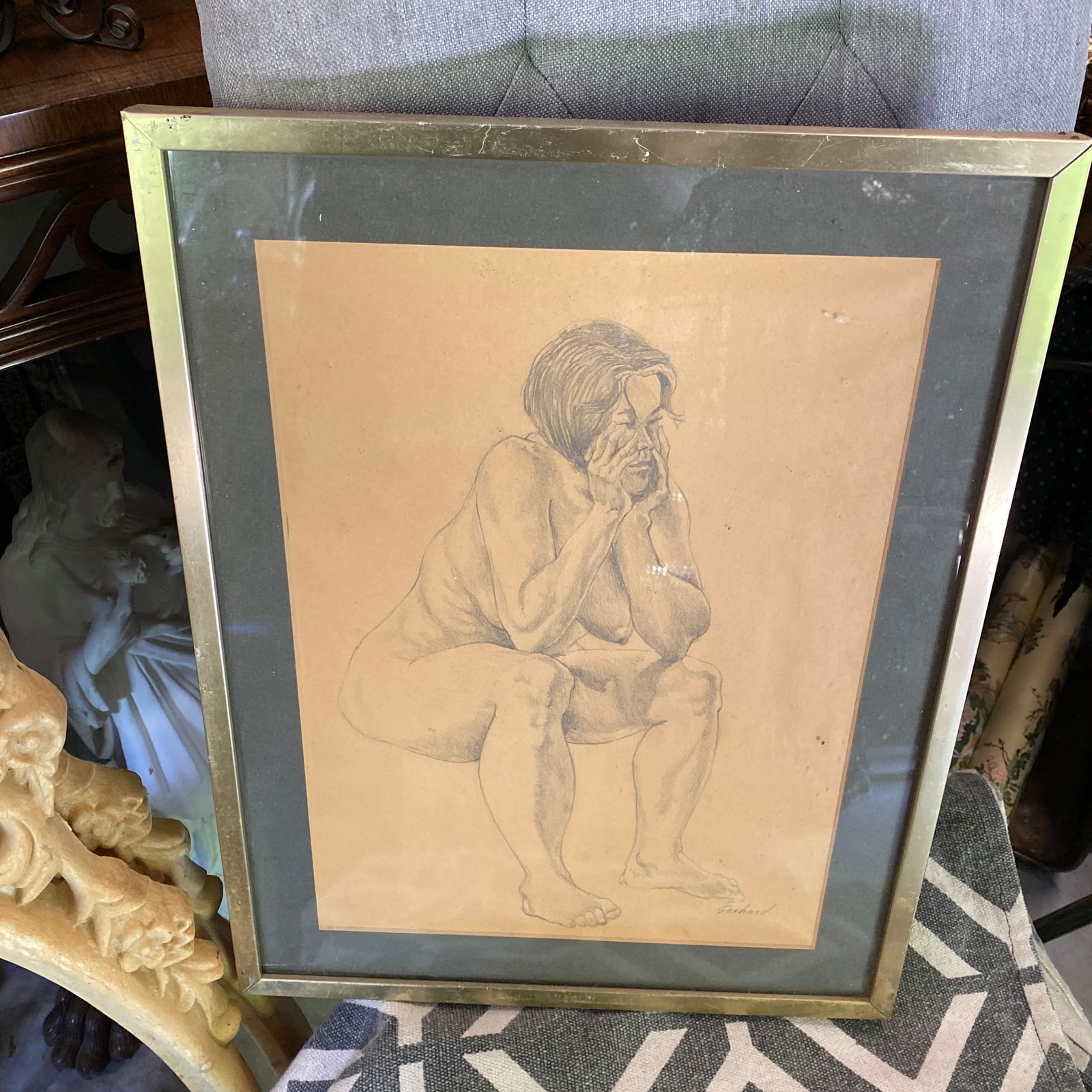 1970s Figurative Nude Pencil Sketch, Framed - 2