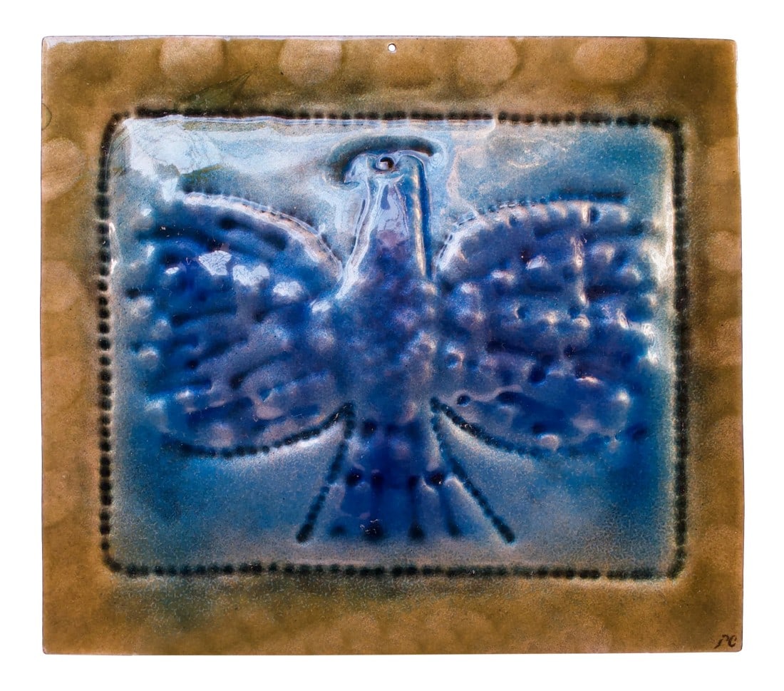 Vintage Enamel on Copper "Eagle" Plaque: Stunning enamel on copper "eagle" wall plaque in blue with gold trim. The eagle itself bears a dimpled pattern with a corresponding 'beaded' border. Back is enameled, as well. There is a small hole at