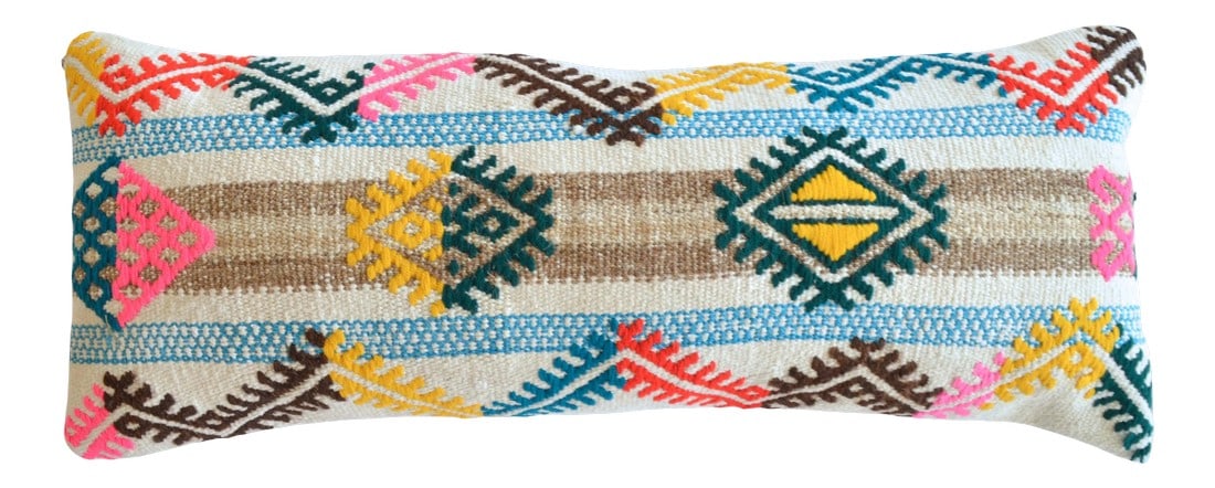 1970s Turkish Kilim Lumbar Pillow Cover Handmade Wedding Pillow 12" X 30": Material: wool on cotton. Made from vintage flat weave Turkish kilim rug. Back side fabric cotton Condition: new from old kilim rugs Note: Insert in not included. For demonstration only. Condition: