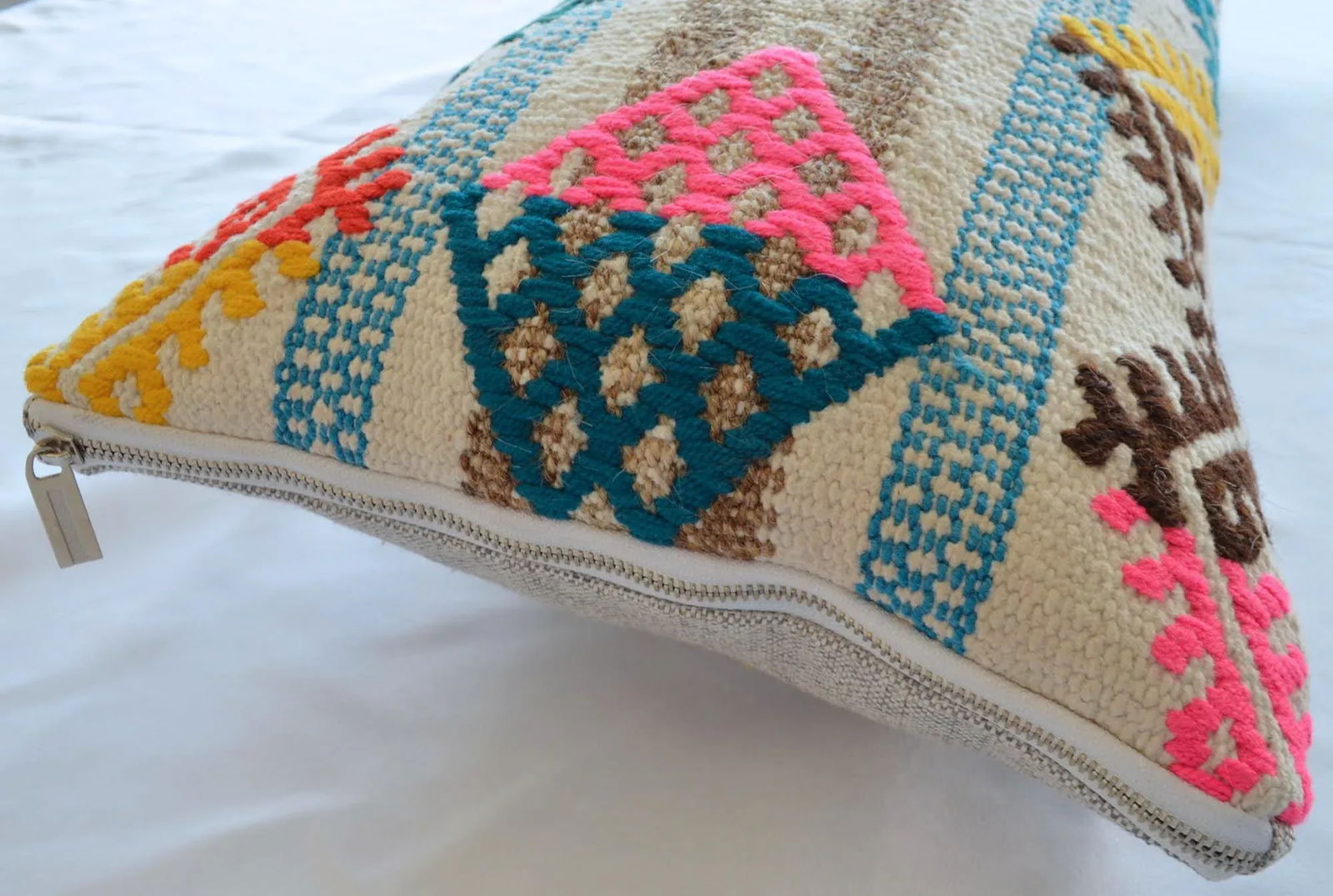 1970s Turkish Kilim Lumbar Pillow Cover Handmade Wedding Pillow 12" X 30" - 3