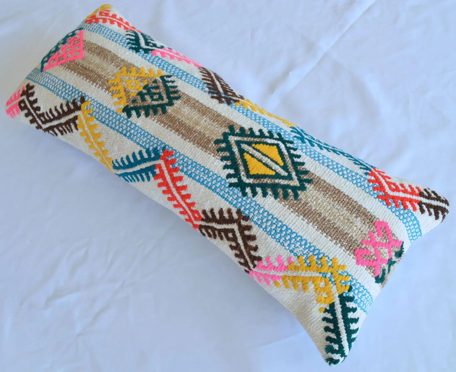 1970s Turkish Kilim Lumbar Pillow Cover Handmade Wedding Pillow 12" X 30" - 4