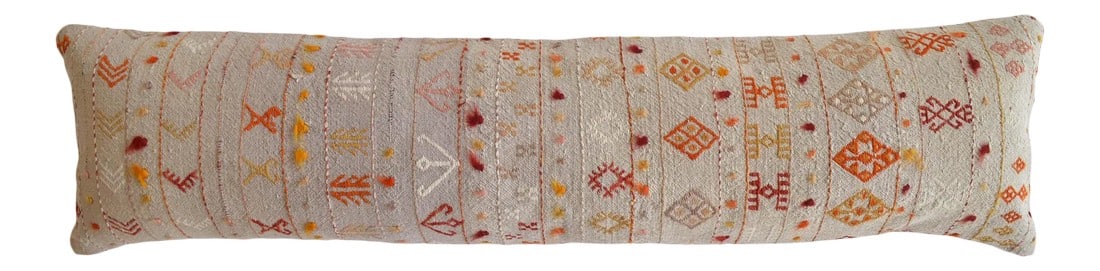1970s Turkish Kilim Lumbar Pillow Cover Handmade Wedding Pillow 13" X 50": Material: wool on cotton. Made from vintage flat weave Turkish kilim rug. Back side fabric cotton Condition: new from old kilim rugs Note: Insert in not included. For demonstration only Condition:
