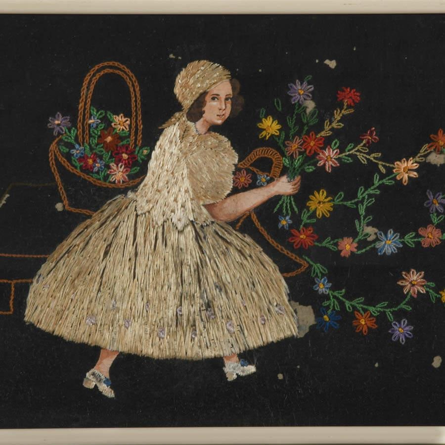 Framed Crewel Work and Inlaid Straw Artwork of a Little Girl - 2