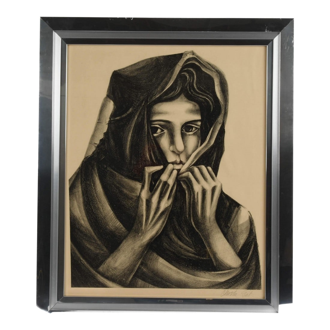Framed Signed Moshe Gat "Untitled Portrait" Charcoal on Paper: Invite profound emotion and expressive depth into your collection with this framed and signed "Untitled Portrait" by Moshe Gat, rendered in charcoal on paper. Known for his compelling and introspectiv