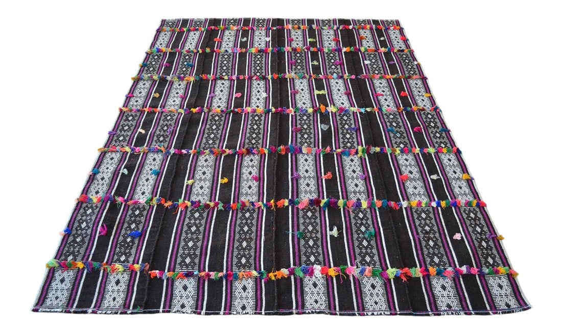 Vintage Rug Primitive Hand Woven Anatolian Kilim Fancy Rug - 5'2" X 7'3": Vintage Turkish handmade Kilim rug - a wool on cotton and goat hair, Turkish Kilim rug that is in used condition. Size: 62" x 87" Origin: anatolian kurdish age: 50-60 years old All images are of the a