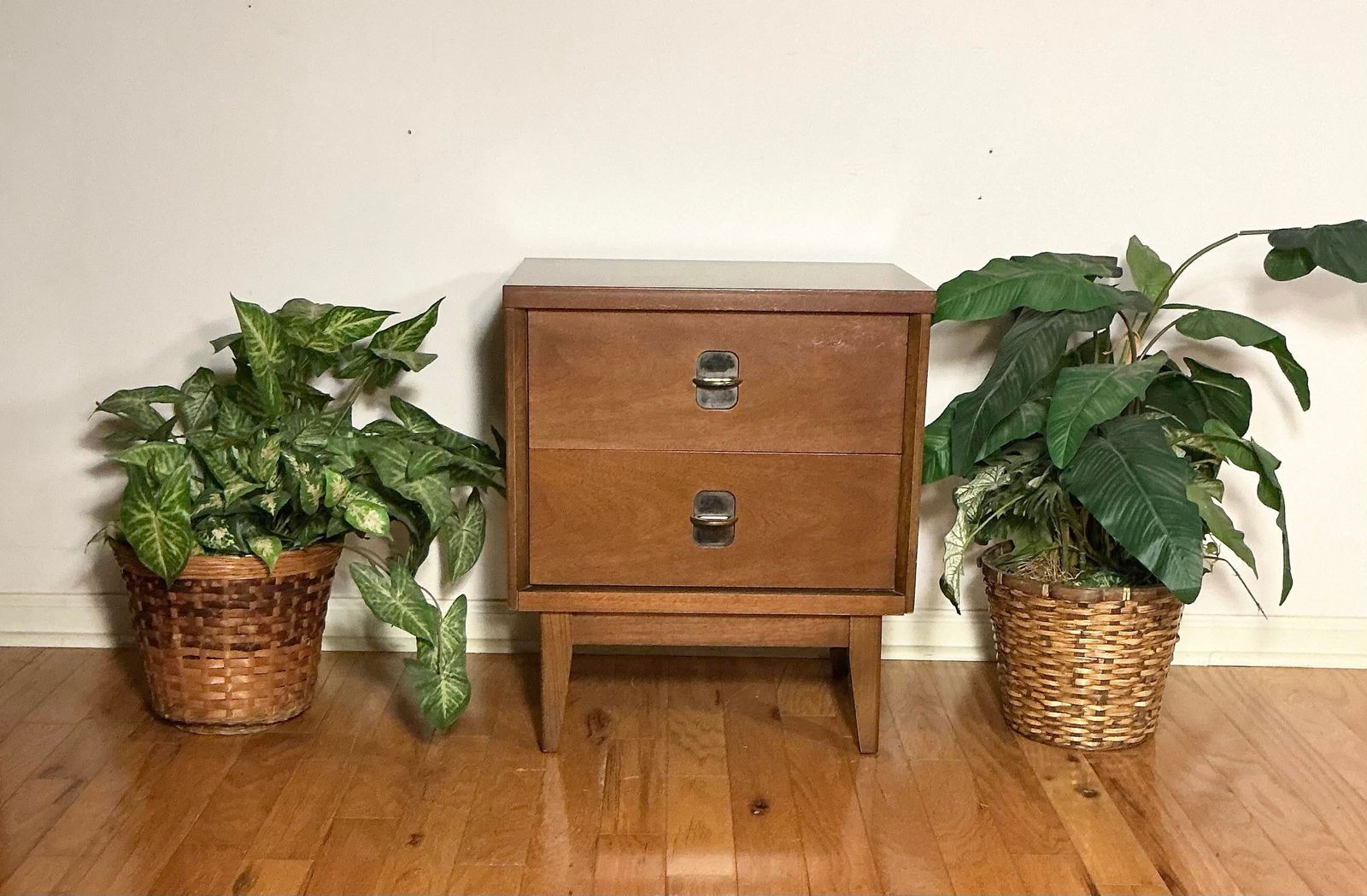 Mid 20th Century Modern Walnut Bassett Nightstand Brass + Black 2 Drawer - 12