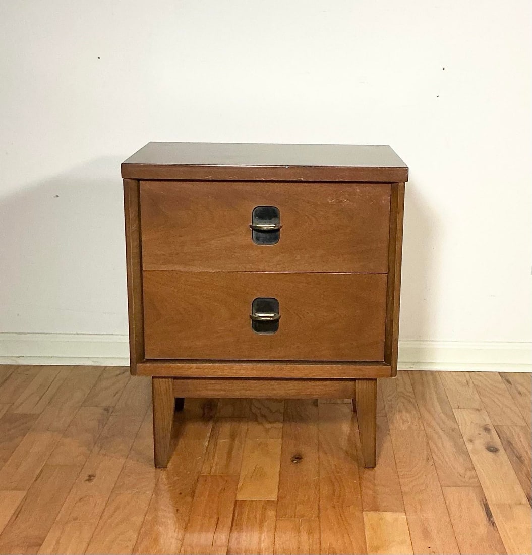 Mid 20th Century Modern Walnut Bassett Nightstand Brass + Black 2 Drawer - 2