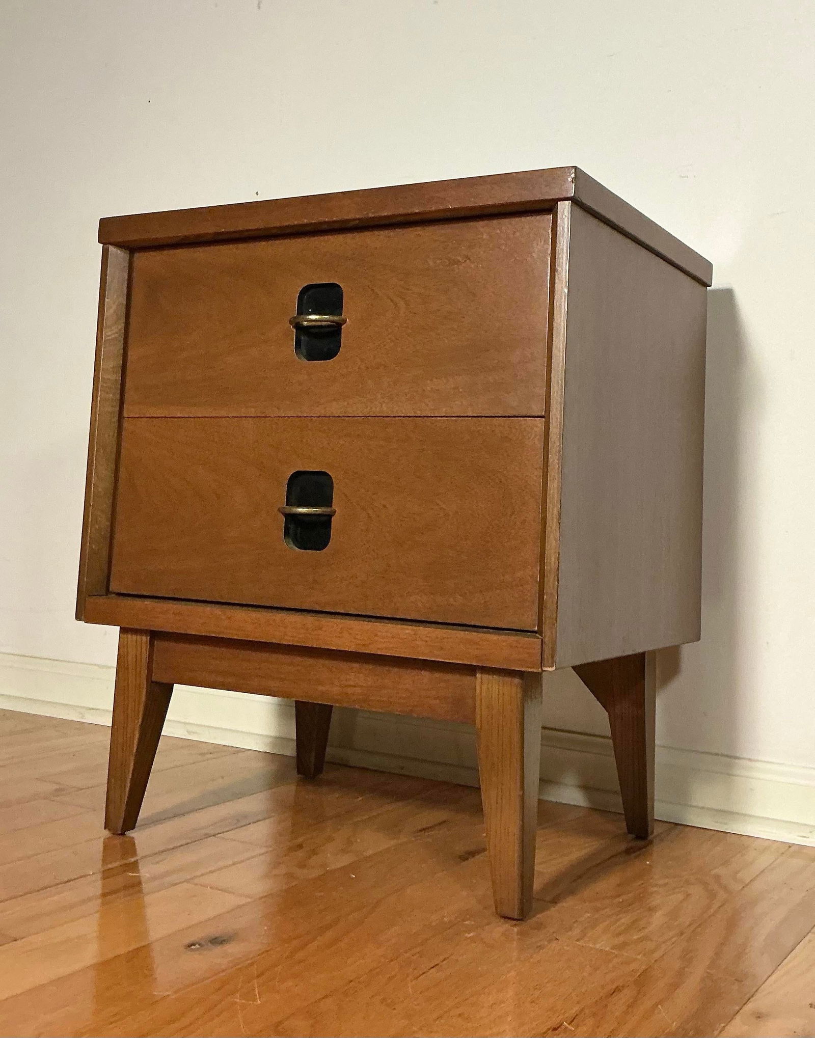 Mid 20th Century Modern Walnut Bassett Nightstand Brass + Black 2 Drawer - 6