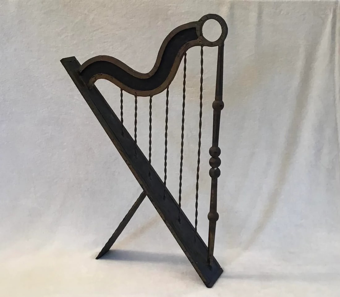 Antique Art Deco Musical Harp Wrought Iron Freestanding Sculpture - 13